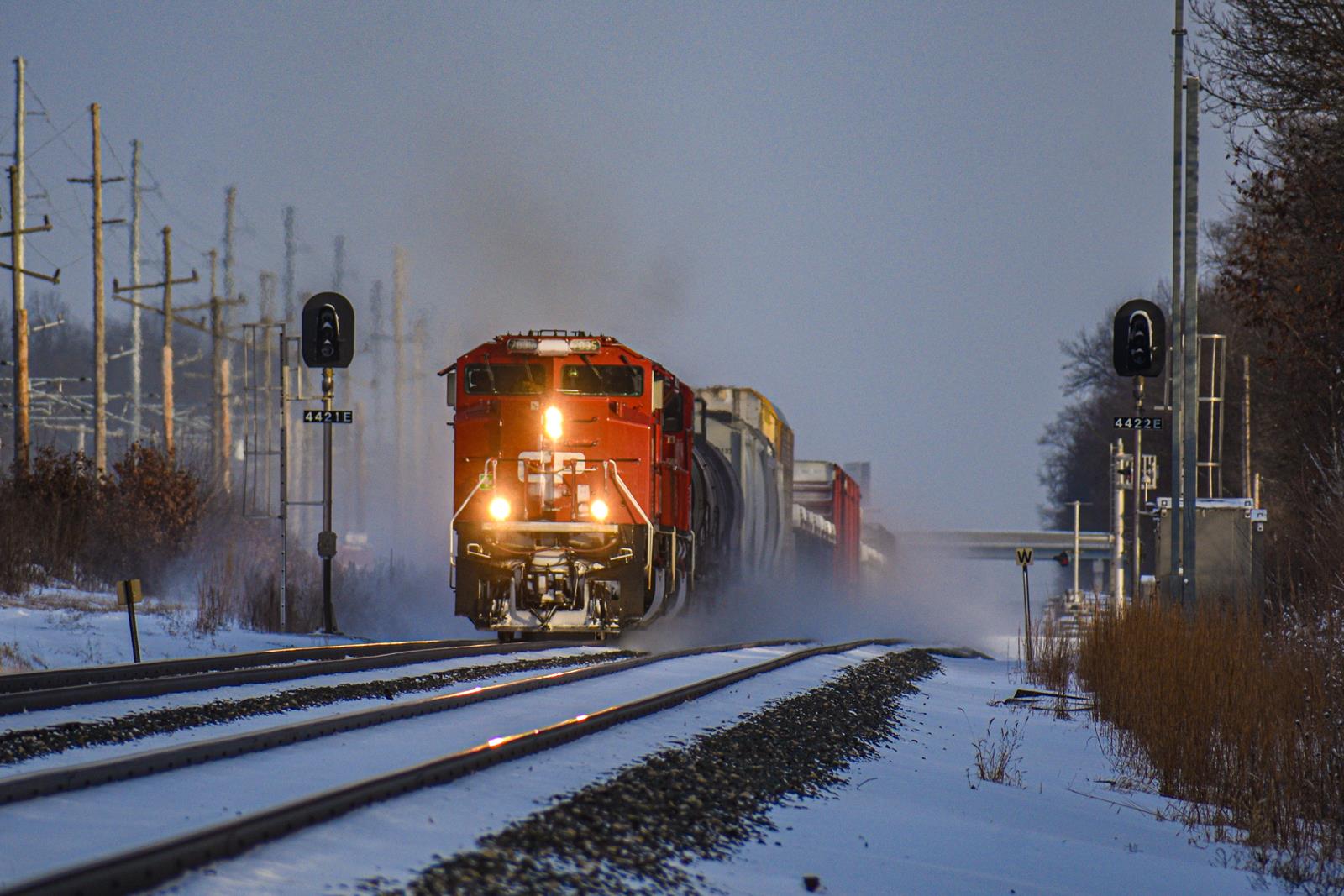 CP 7035 is a class EMD SD70ACU and  is pictured in Lydick, Indiana, United States.  This was taken along the Norfolk Southern Dearborn Division on the Chicago Line on the Canadian Pacific Railway. Photo Copyright: Reed Hamilton uploaded to Railroad Gallery on 12/24/2022. This photograph of CP 7035 was taken on Saturday, December 24, 2022. All Rights Reserved. 
